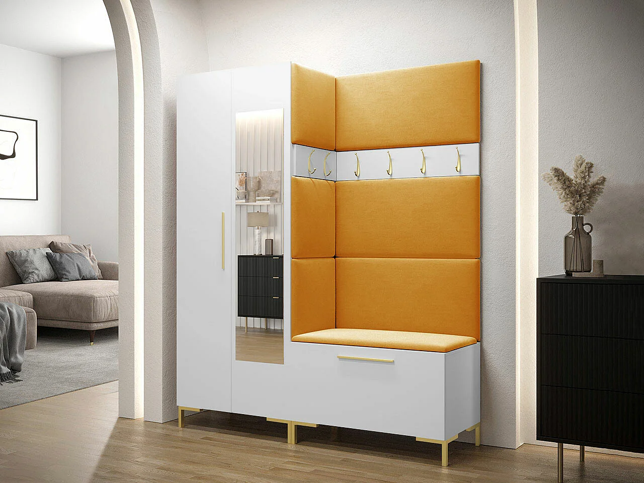 Conjunto pasillo Hartford F107, 196x158x46cm, Espejo, Blanco, Tapiz|Aglomerado laminado