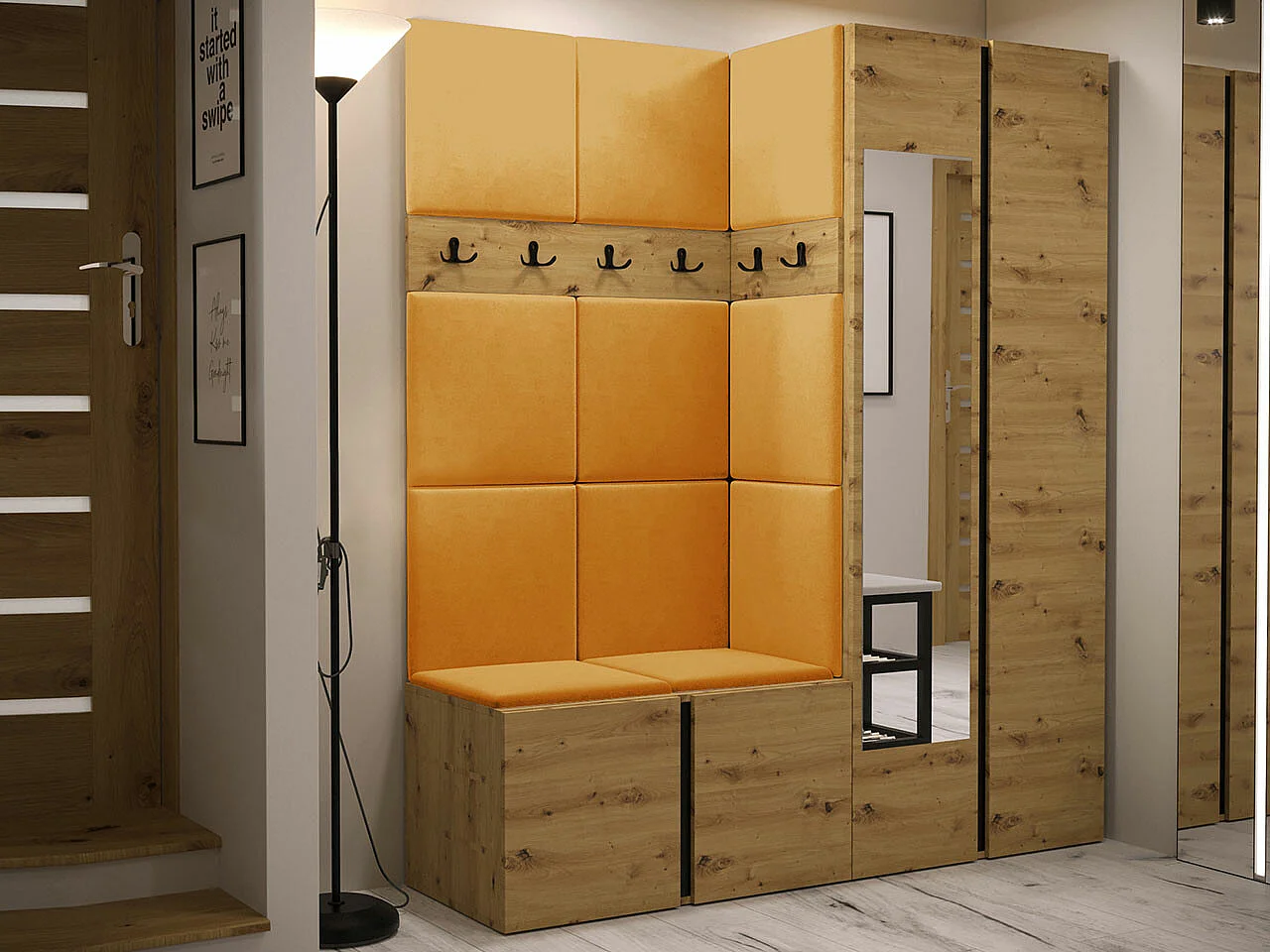 Conjunto pasillo Hartford 278, 186x158x46cm, Espejo, Roble Artisan