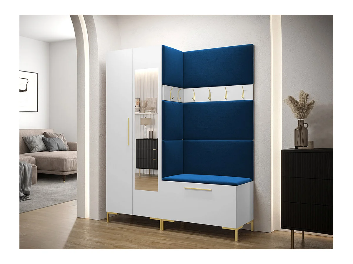 Meuble d'entrée Tivsoa 107, 196x158x46cm, Miroir, Blanc, Tapisserie|Stratifié