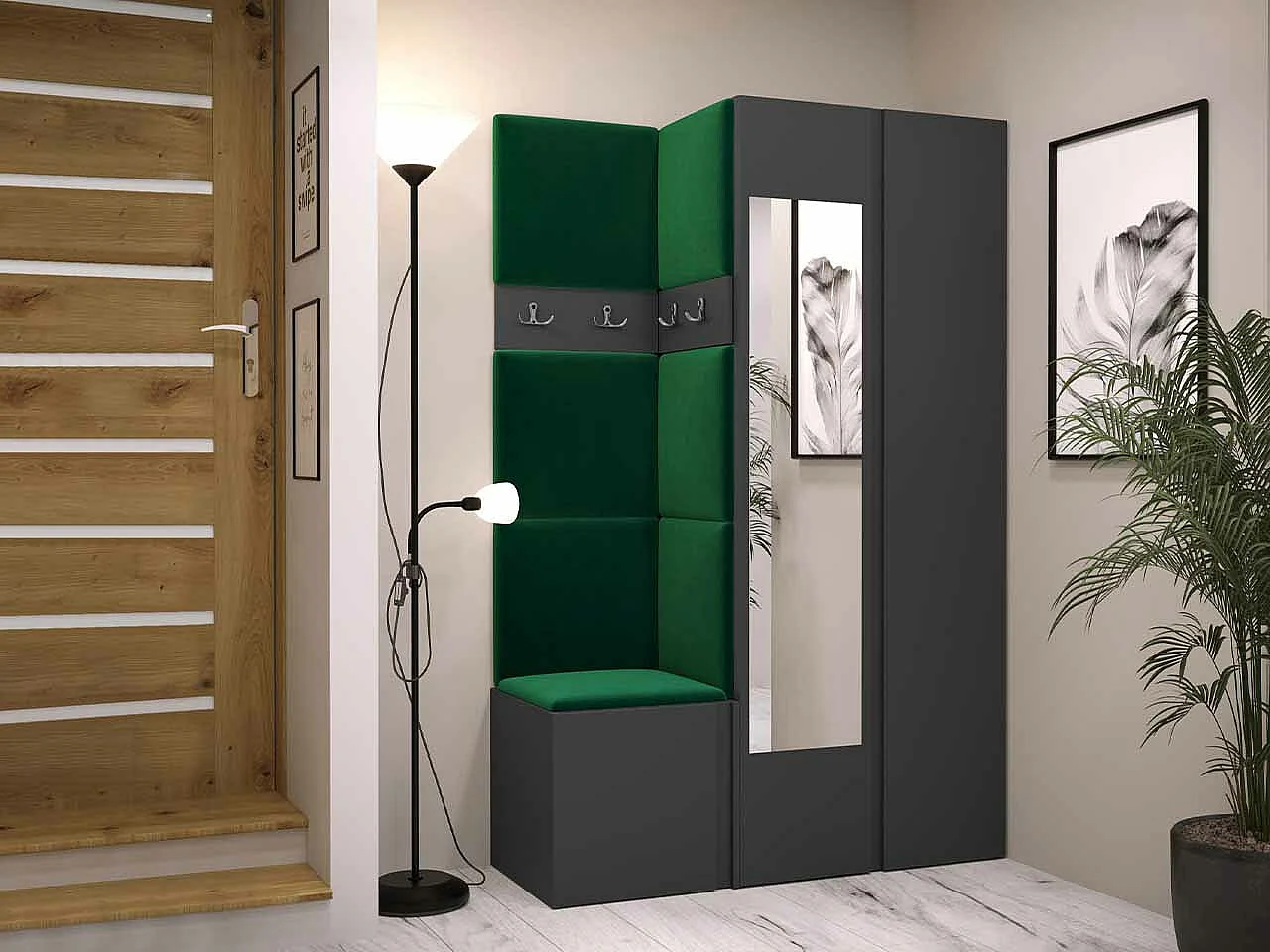 Conjunto pasillo Hartford 350, 186x116x44cm, Espejo, Grafito, Tapiz|Aglomerado laminado