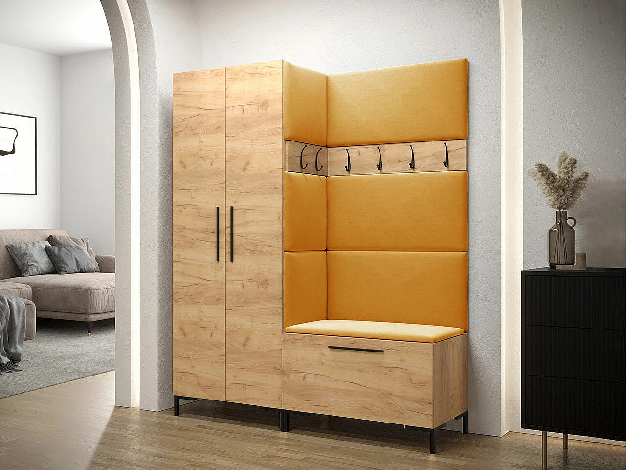 Conjunto pasillo Hartford F100, 196x158x44cm, Craft roble, Tapiz|Aglomerado laminado