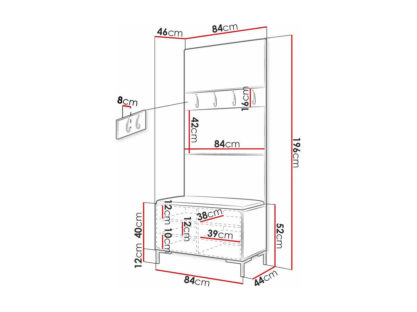 Conjunto pasillo Hartford F102, 196x84x46cm, Craft roble, Tapiz|Aglomerado laminado
