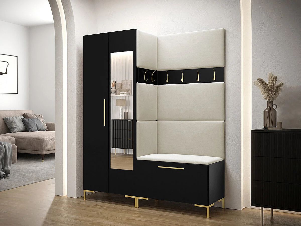 Meuble d'entrée Tivsoa 107, 196x158x46cm, Disponible, Noir, Stratifié|Tissu