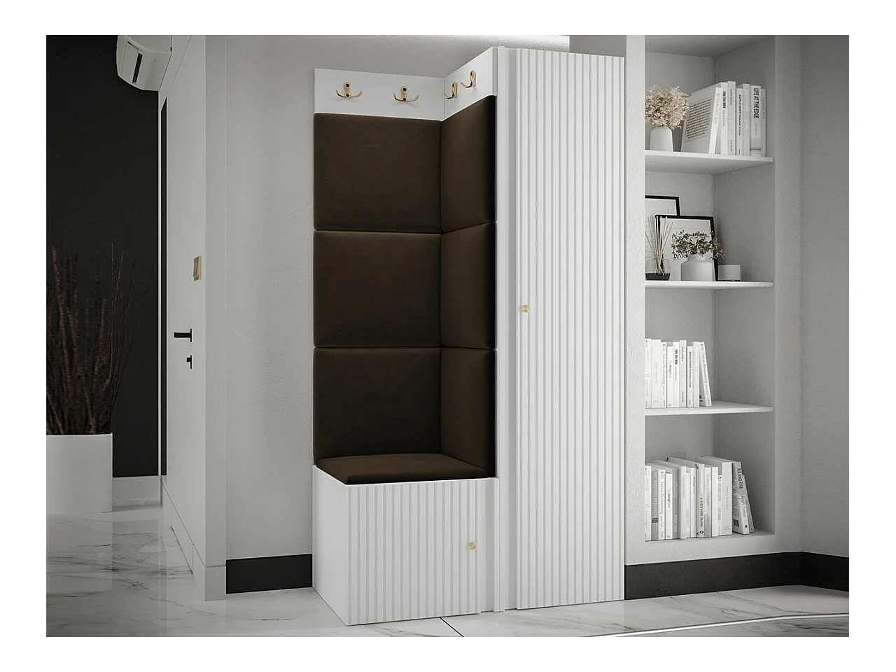 Conjunto pasillo Hartford 390, 186x82x46cm, Marrón|Blanco, MDF|Aglomerado laminado|Tapiz