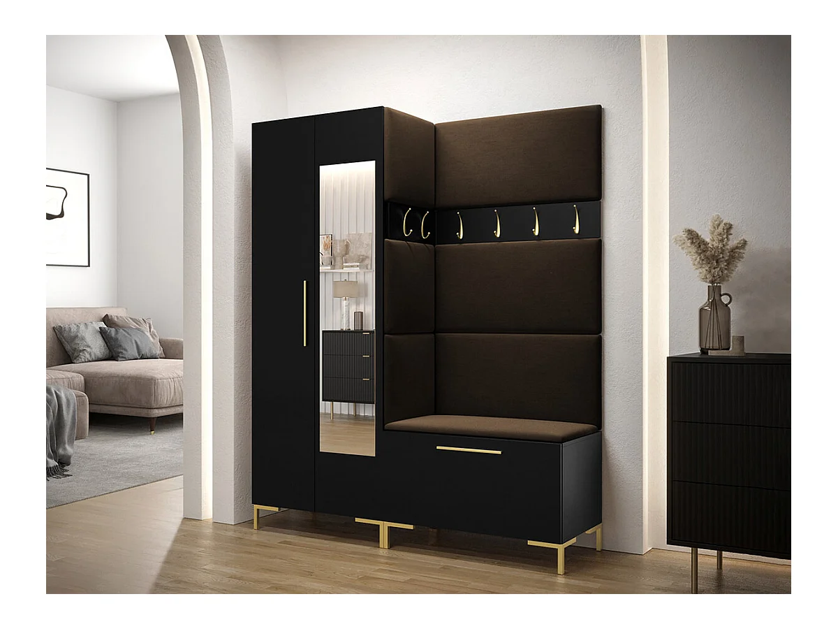 Conjunto pasillo Hartford F107, 196x158x46cm, Espejo, Marrón oscuro|Negro