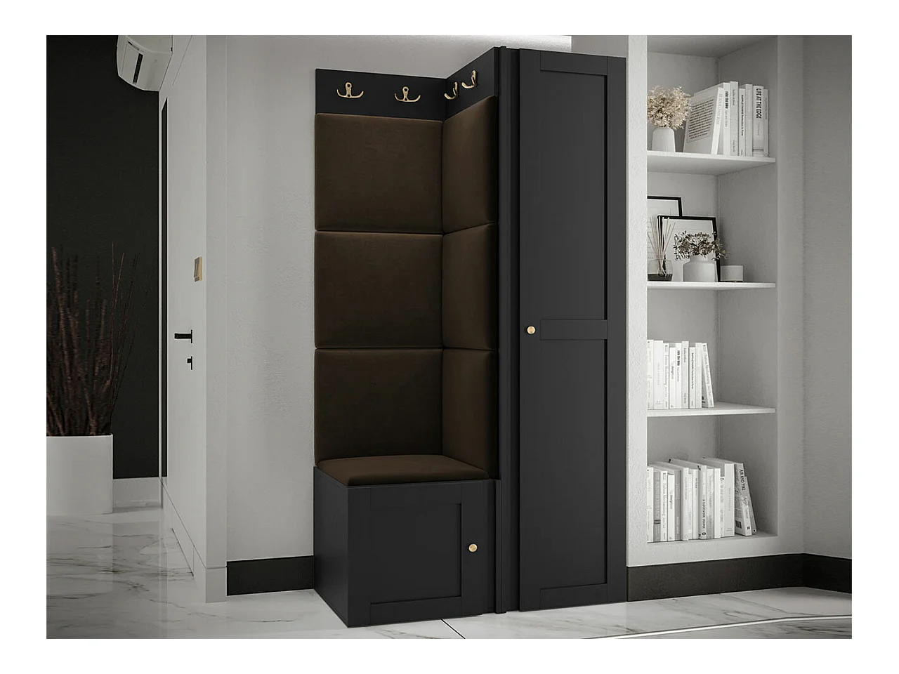 Conjunto pasillo Hartford 381, 186x82x46cm, Marrón|Negro, MDF|Aglomerado laminado|Tapiz