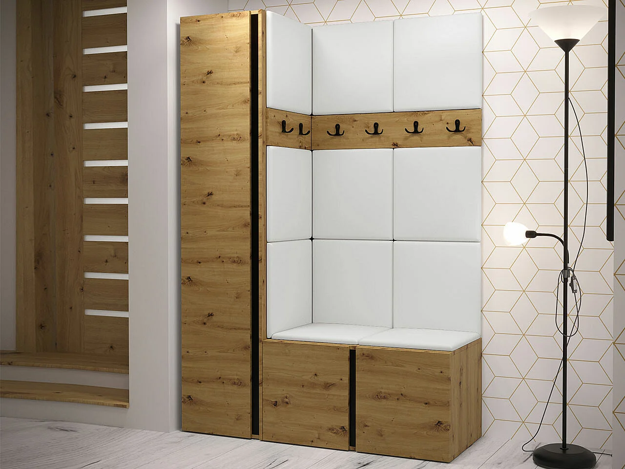 Conjunto pasillo Hartford 471, 186x124x44cm, Roble Artisan, Colocada|Montada en la pared