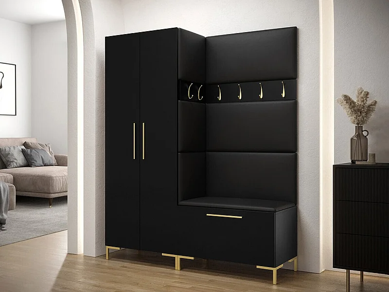 Meuble d'entrée Tivsoa 100, 196x158x44cm, Noir, Faux cuir|Stratifié, À poser|À suspendre