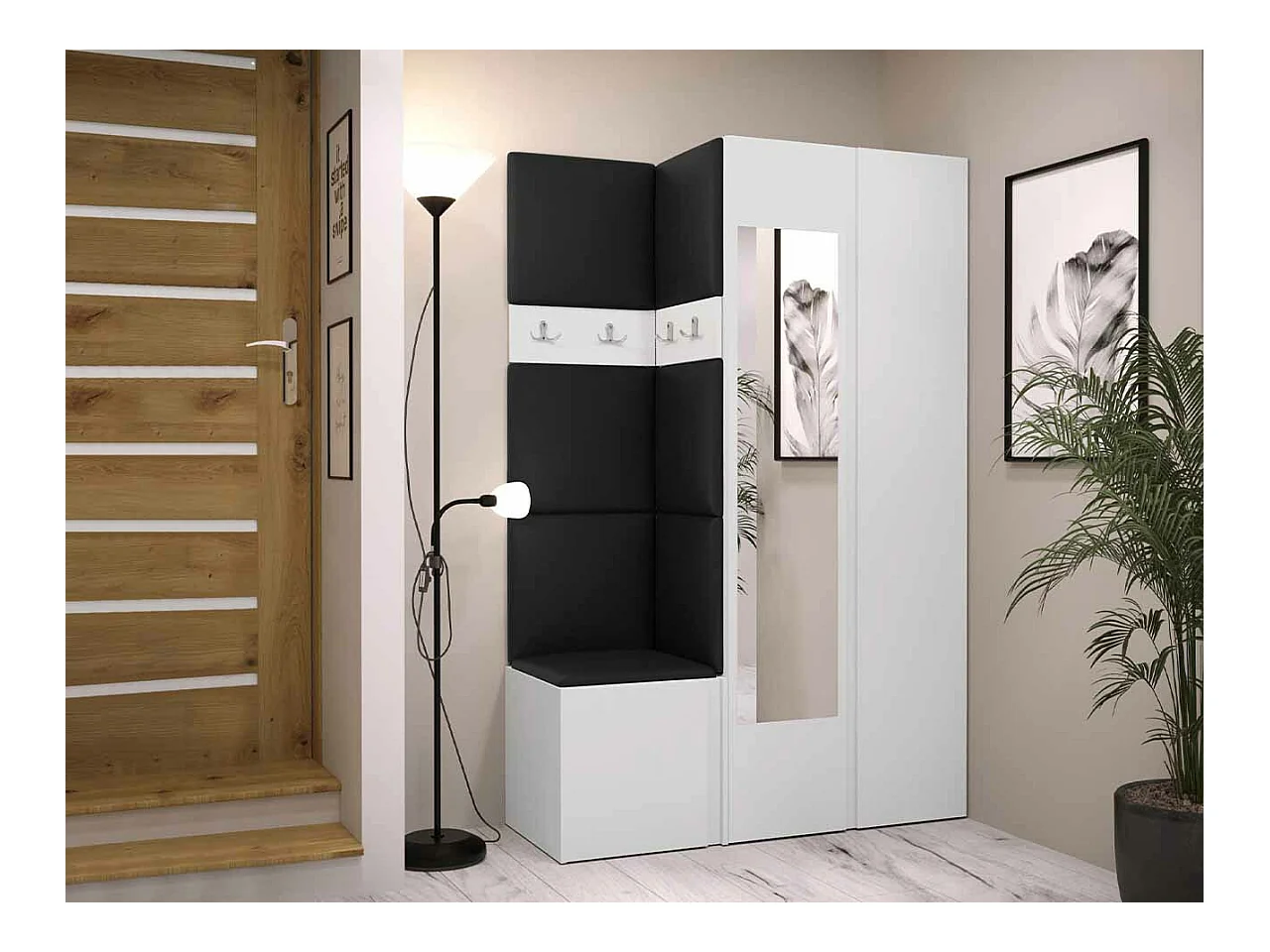 Meuble d'entrée Hartford 350, 186x116x44cm, Miroir, Blanc, Faux cuir|Stratifié
