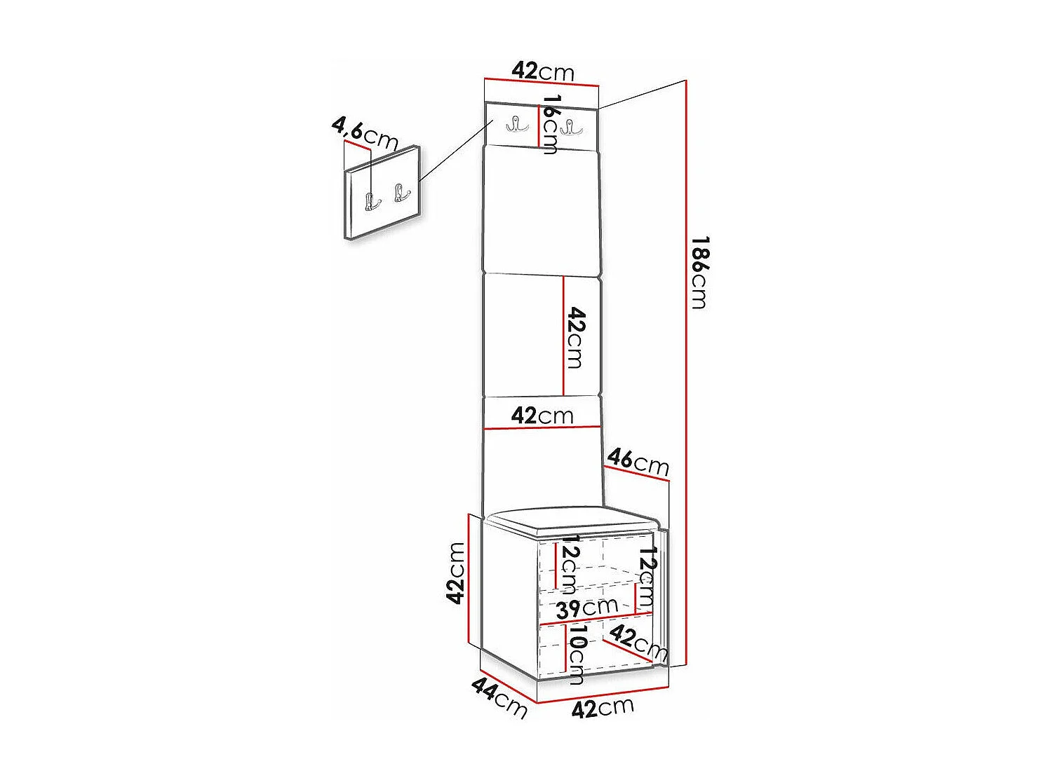 Meuble d'entrée Hartford 378, 186x42x46cm, Gris|Noir, MDF|Stratifié|Tapisserie