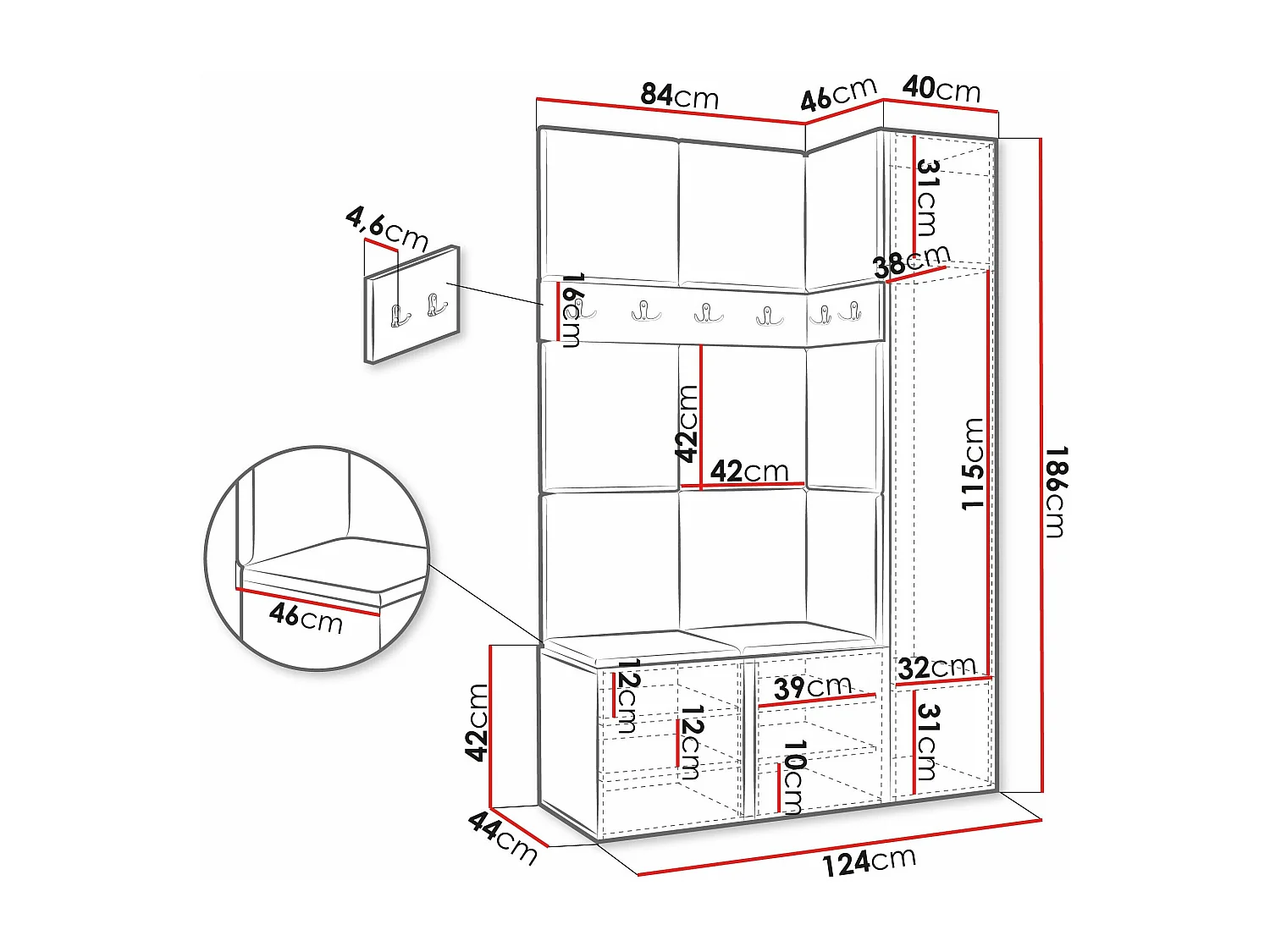 Conjunto pasillo Hartford 277, 186x124x46cm, Espejo, Blanco, Aglomerado laminado|Tapiz