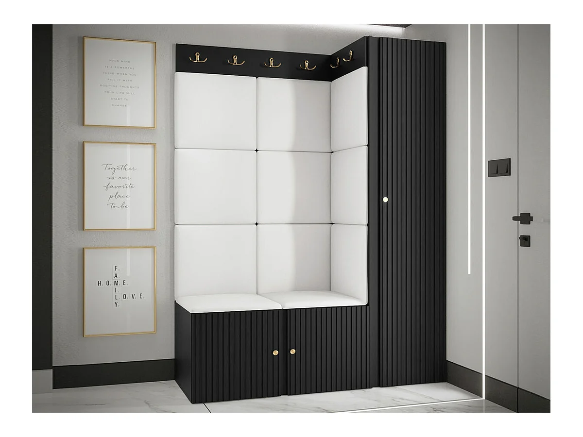 Meuble d'entrée Hartford 385, 186x124x46cm, Noir|Blanc, Stratifié|Faux cuir|MDF