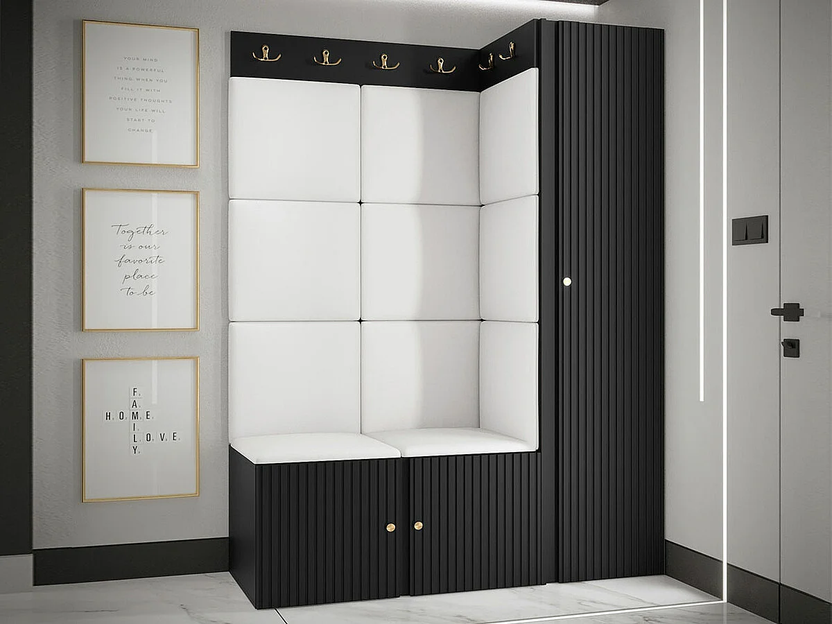 Meuble d'entrée Hartford 385, 186x124x46cm, Noir|Blanc, MDF|Stratifié|Faux cuir