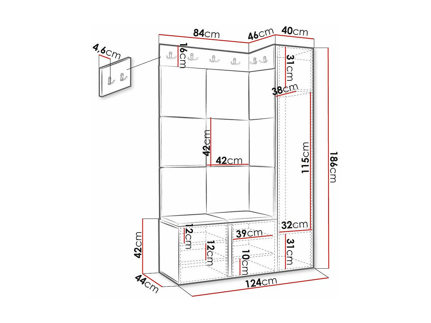 Meuble d'entrée Hartford 385, 186x124x46cm, Noir|Blanc, MDF|Stratifié|Faux cuir