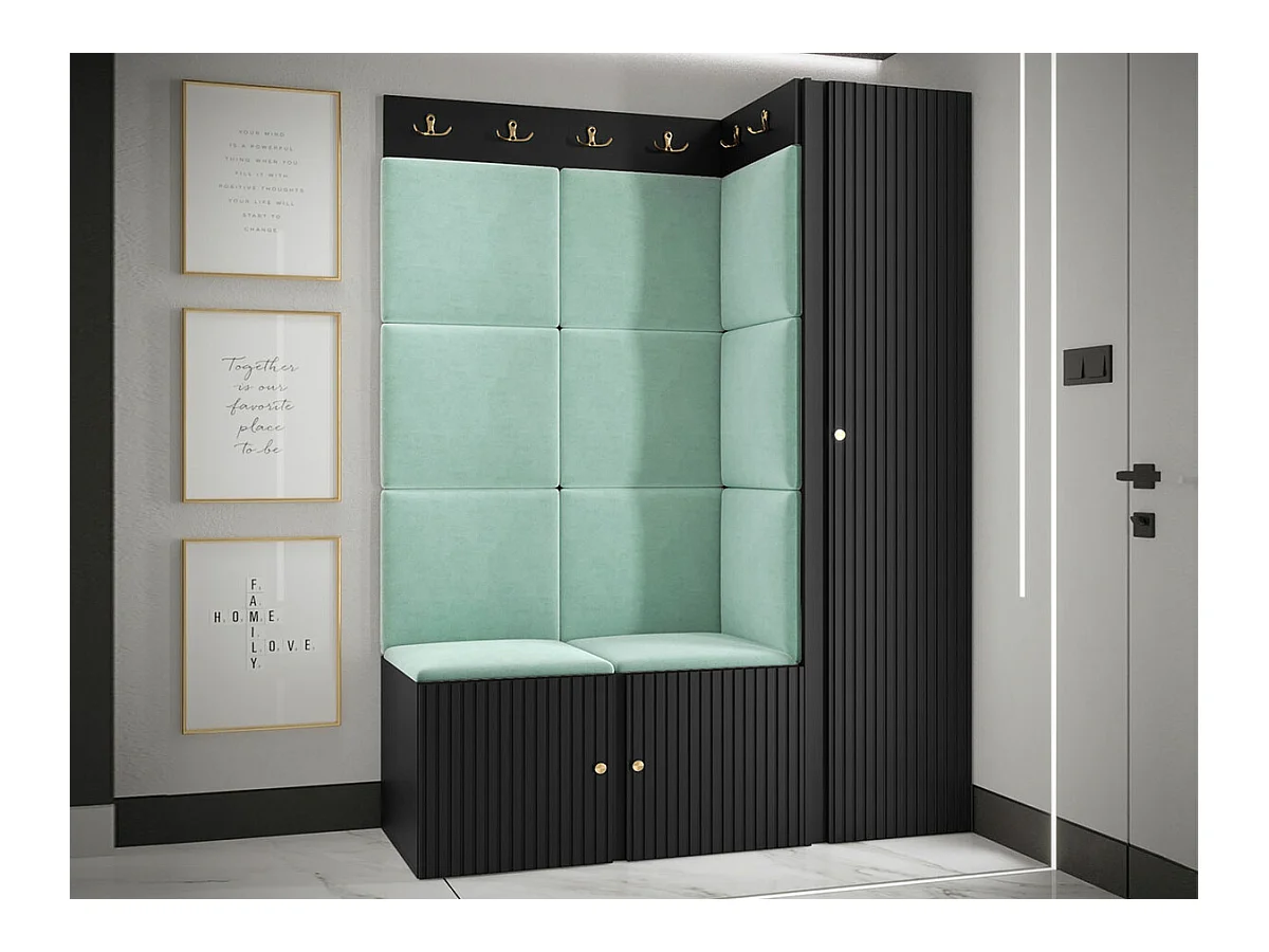 Meuble d'entrée Hartford 385, 186x124x46cm, Turquoise|Noir, MDF|Stratifié|Tapisserie
