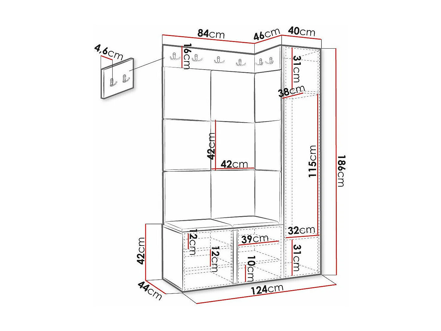 Meuble d'entrée Hartford 377, 186x124x46cm, Noir, Stratifié|Faux cuir|MDF, Murale|À poser