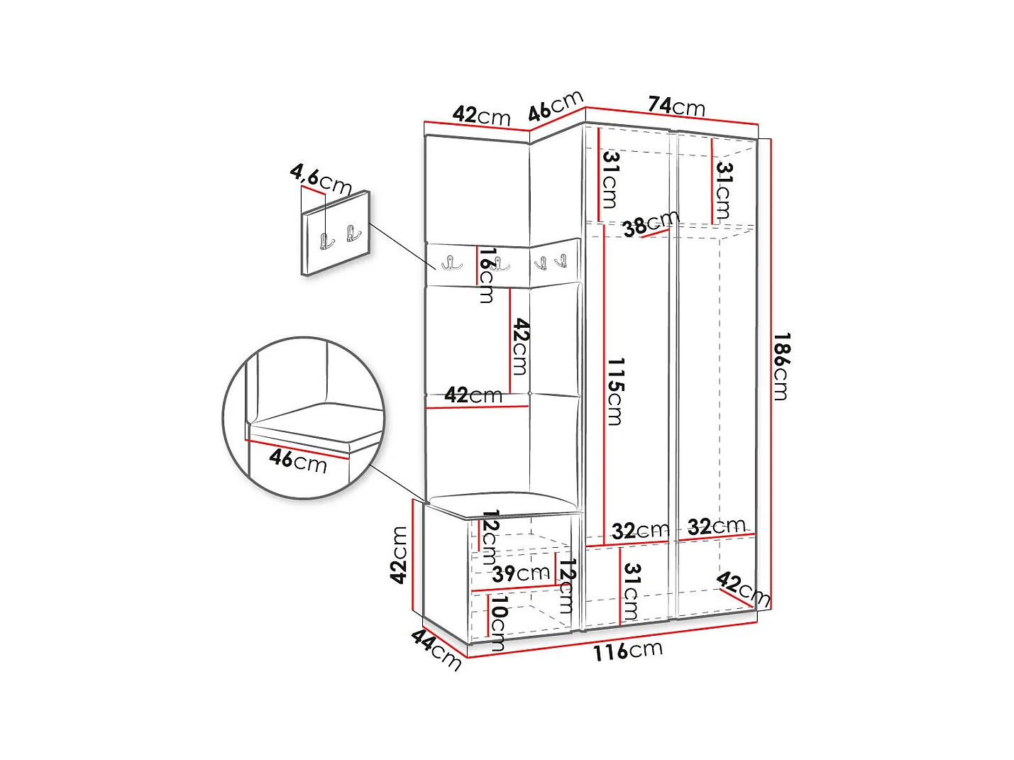 Conjunto pasillo Hartford 350, 186x116x44cm, Espejo, Blanco, Montada en la pared|Colocada