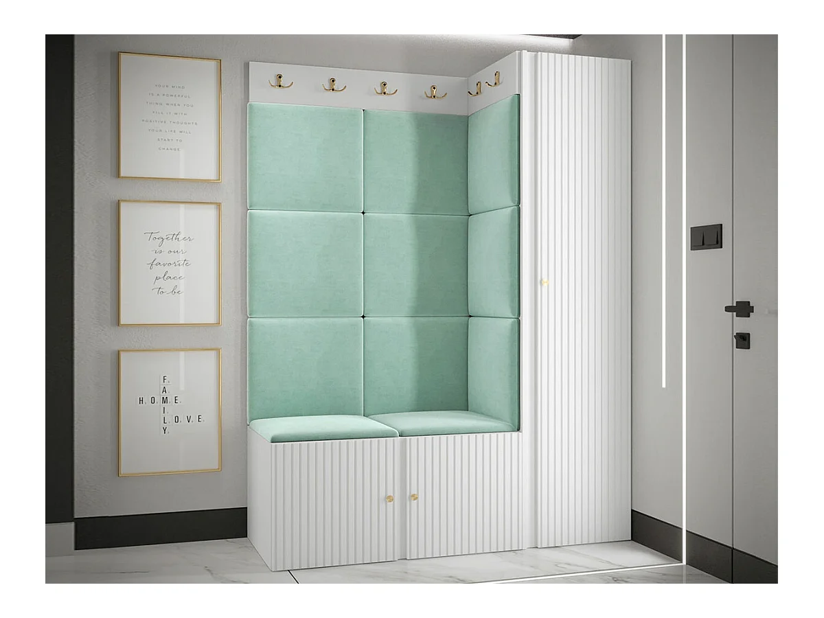 Meuble d'entrée Hartford 385, 186x124x46cm, Blanc|Turquoise, Tapisserie|MDF|Stratifié