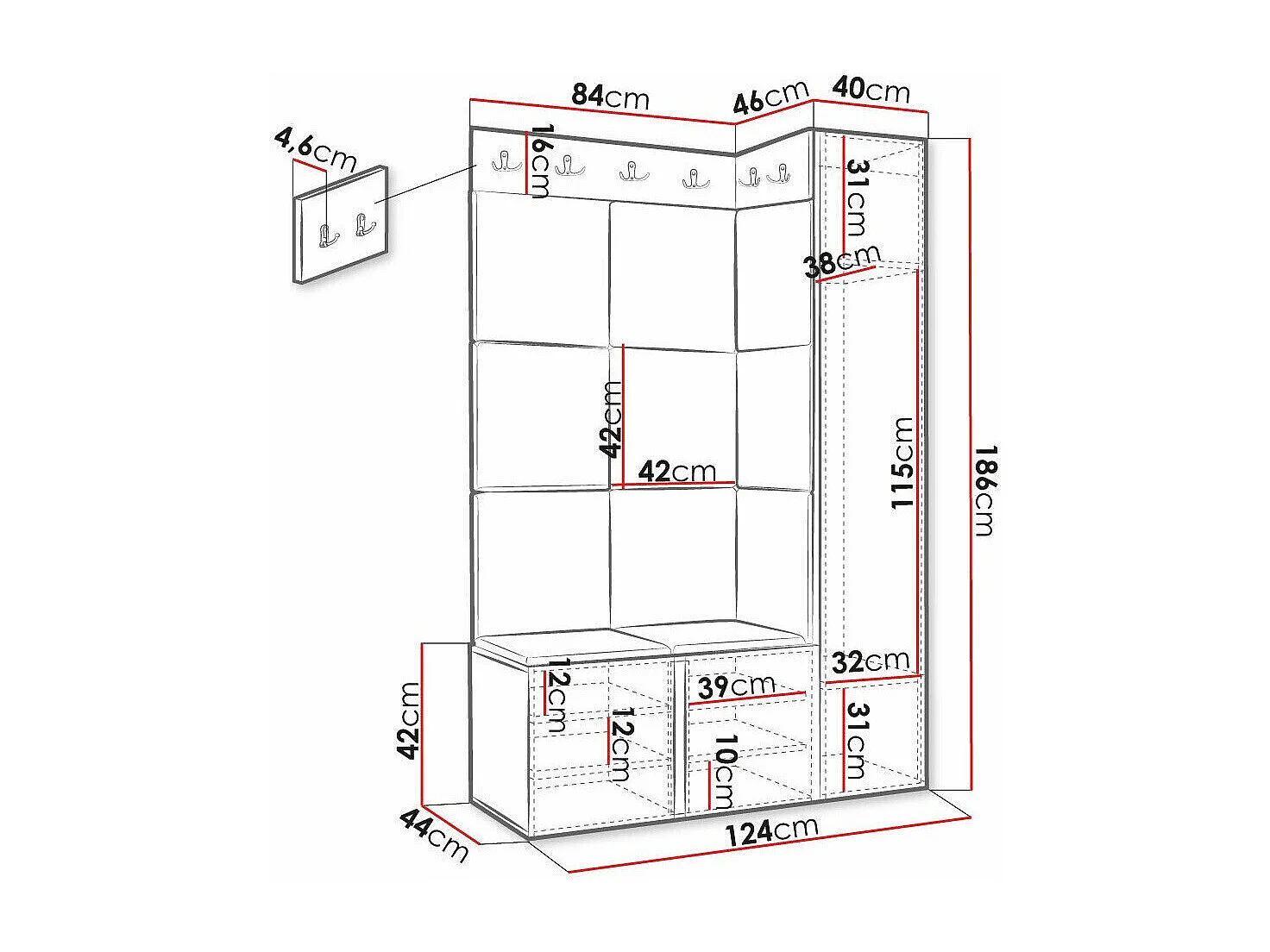 Meuble d'entrée Hartford 385, 186x124x46cm, Vert|Noir, Stratifié|Tapisserie|MDF