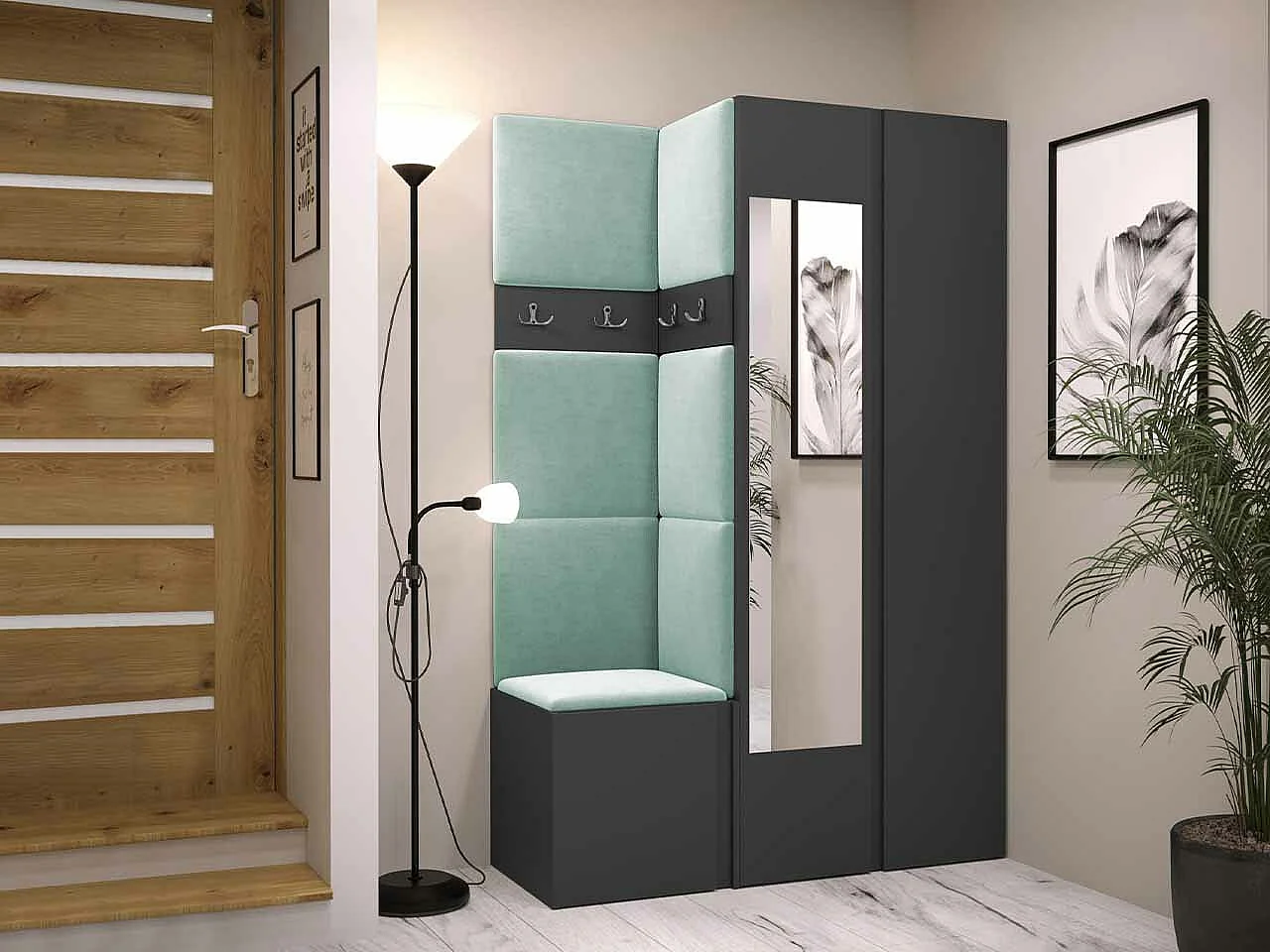 Conjunto pasillo Hartford 350, 186x116x44cm, Espejo, Grafito, Tapiz|Aglomerado laminado