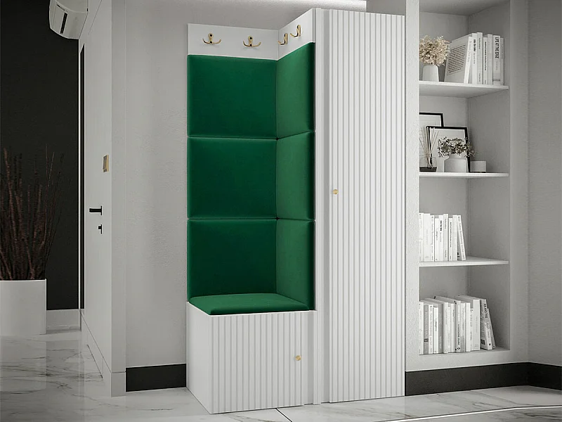 Meuble d'entrée Hartford 390, 186x82x46cm, Blanc|Vert, Stratifié|Tapisserie|MDF