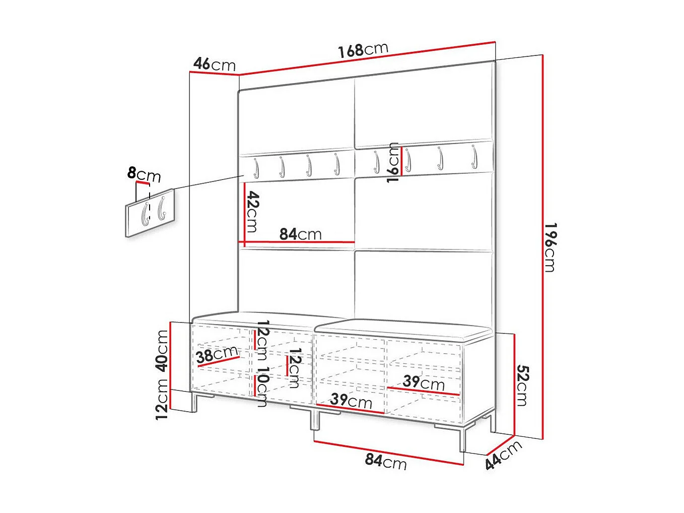 Conjunto pasillo Hartford F101, 196x168x46cm, Blanco, Tapiz|Aglomerado laminado