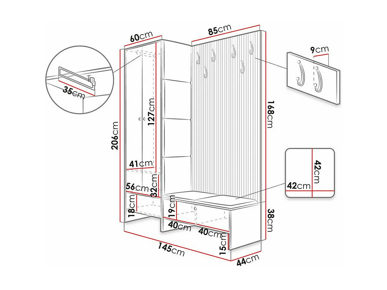 Set mobili da ingresso Hartford 320, 206x145x44cm, Rovere Artisan|Bianco, Da terra