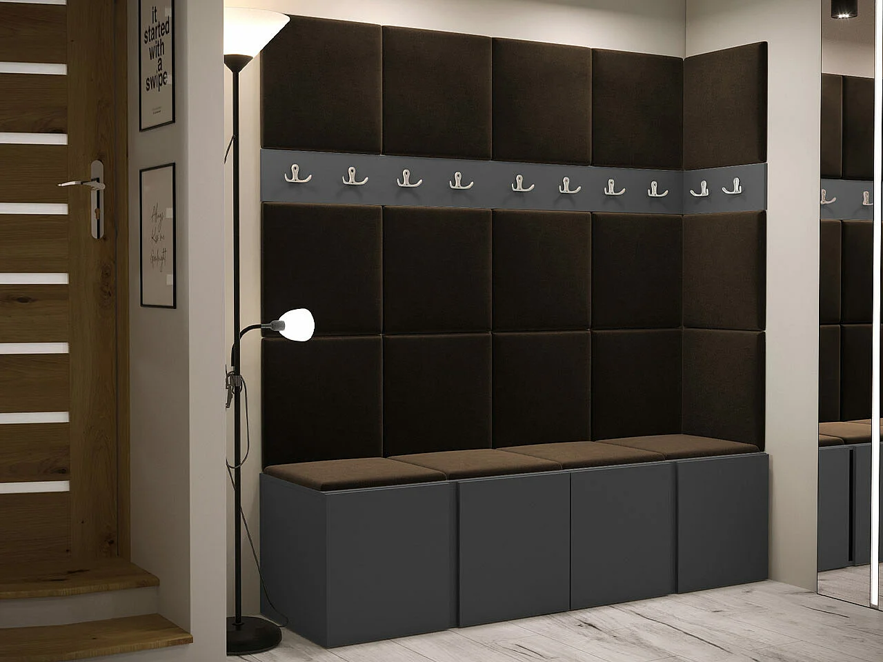 Conjunto pasillo Hartford 265, 186x168x46cm, Marrón|Grafito, Aglomerado laminado|Tapiz