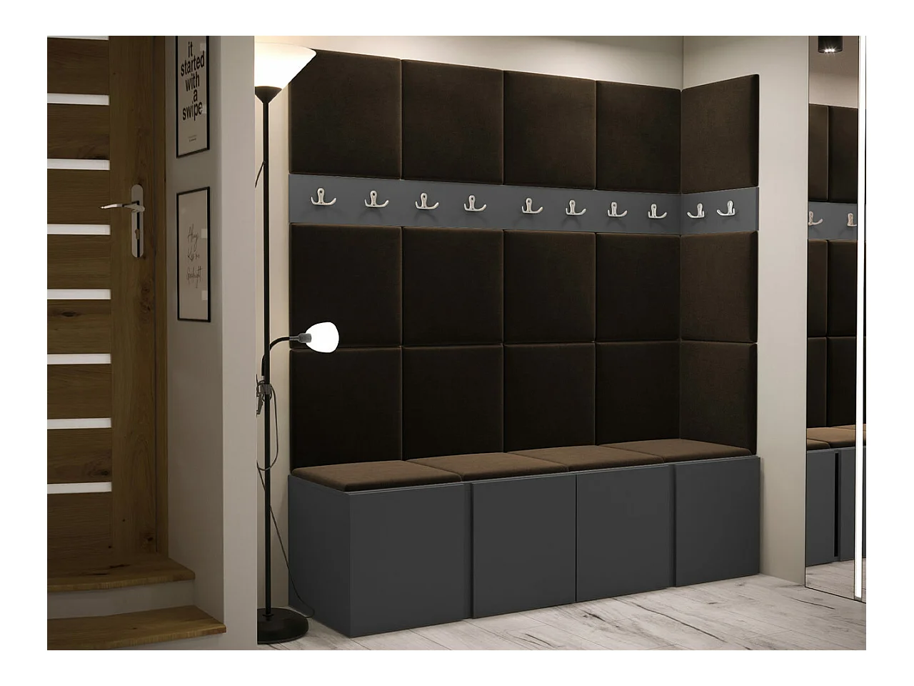 Meuble d'entrée Hartford 265, 186x168x46cm, Marron|Graphite, Stratifié|Tapisserie