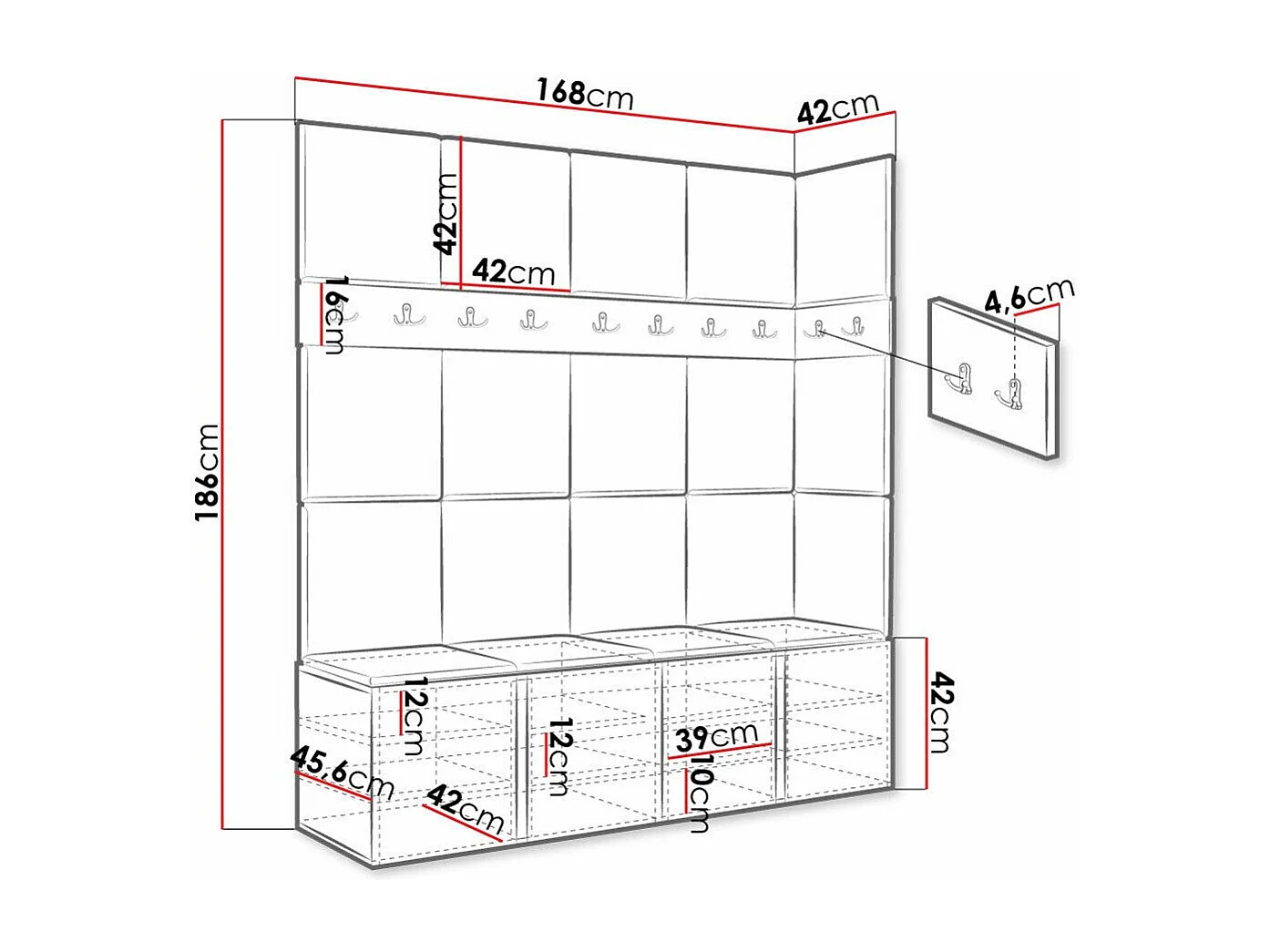 Meuble d'entrée Hartford 265, 186x168x46cm, Graphite|Marron, Tissu|Stratifié