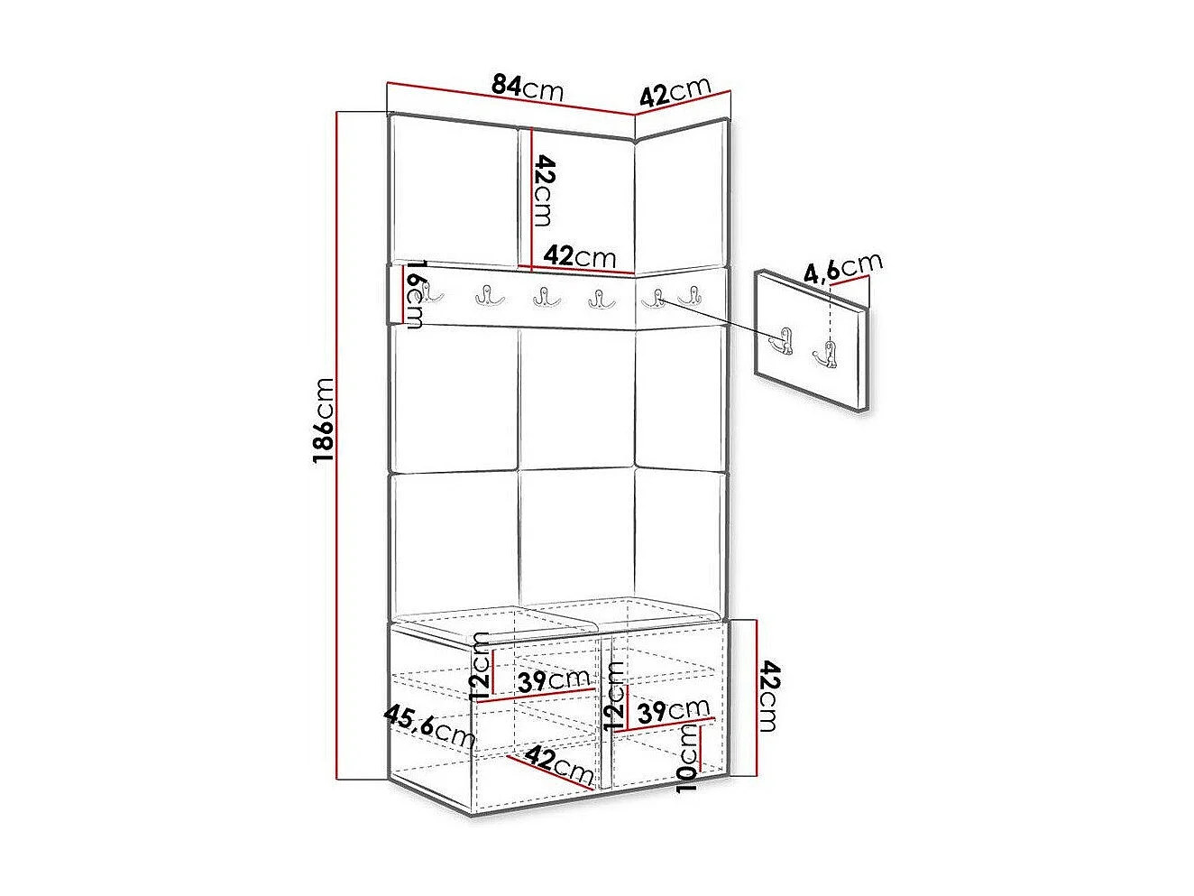 Conjunto para corredor Hartford 264, Montado nas parede, 19x8x5cm