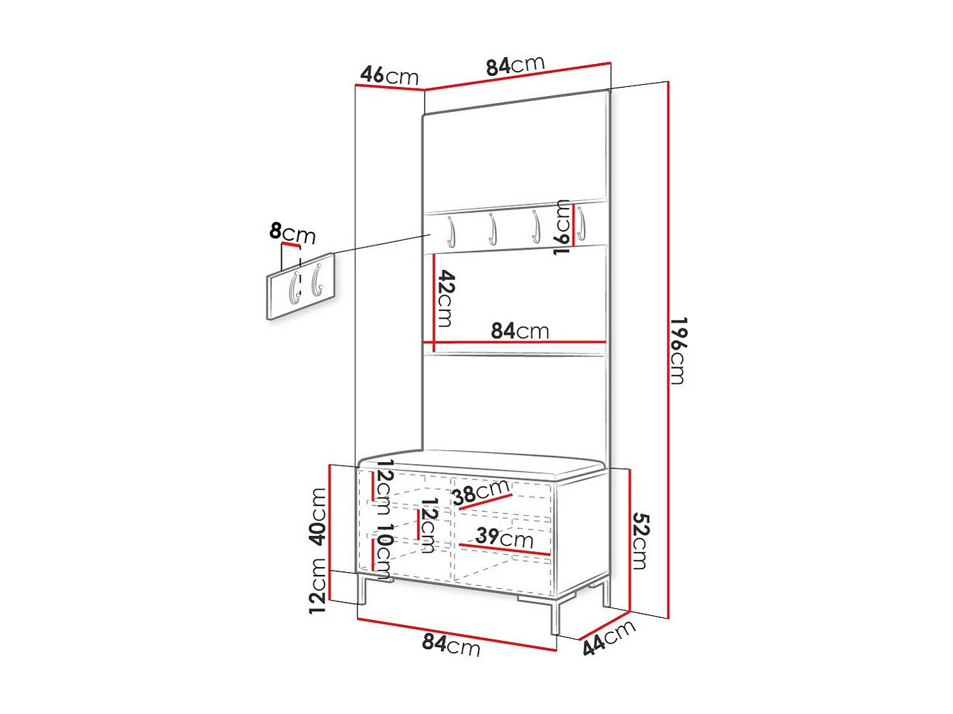 Meuble d'entrée Tivsoa 102, 196x84x46cm, Brun foncé|Blanc, Tissu|Stratifié