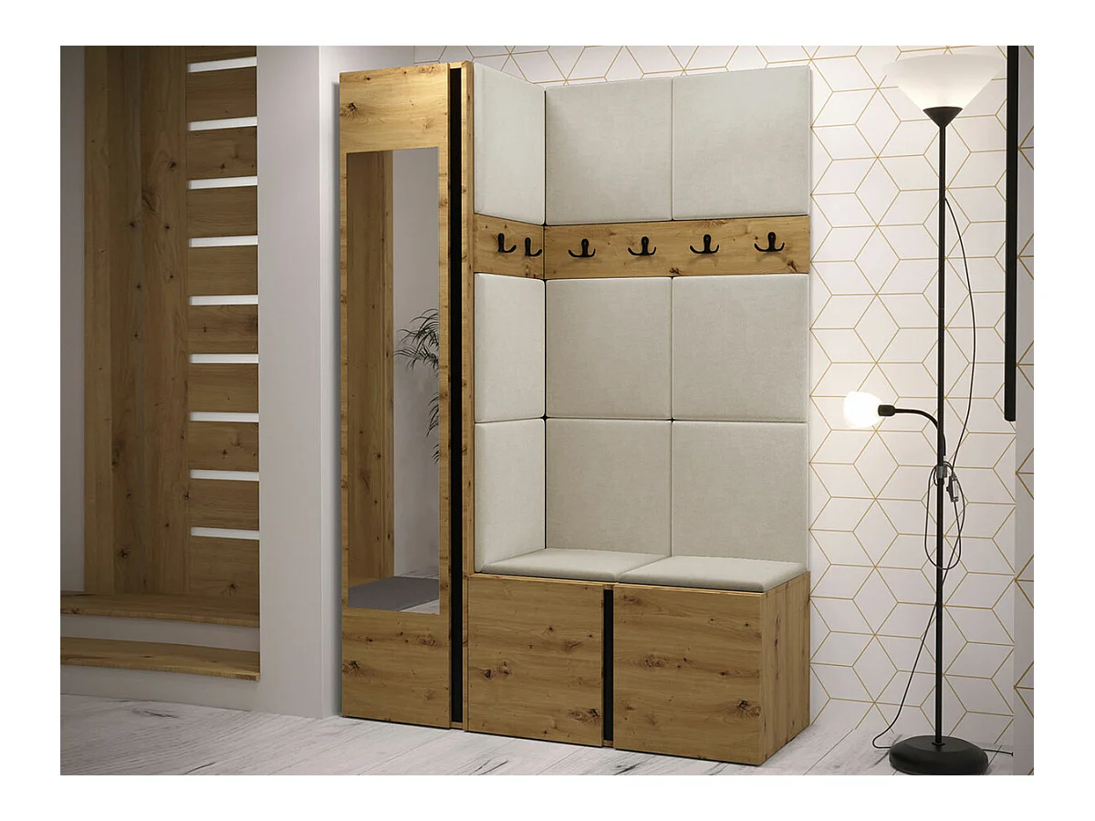 Meuble d'entrée Hartford 277, 186x124x46cm, Miroir, Chêne Artisan, Stratifié|Tapisserie