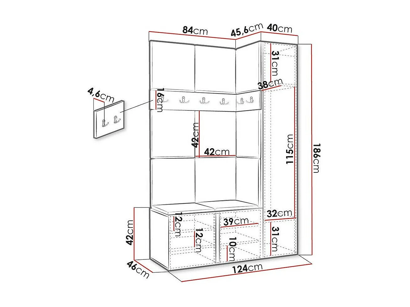 Meuble d'entrée Hartford 277, 186x124x46cm, Disponible, Chêne Artisan, Tissu|Stratifié