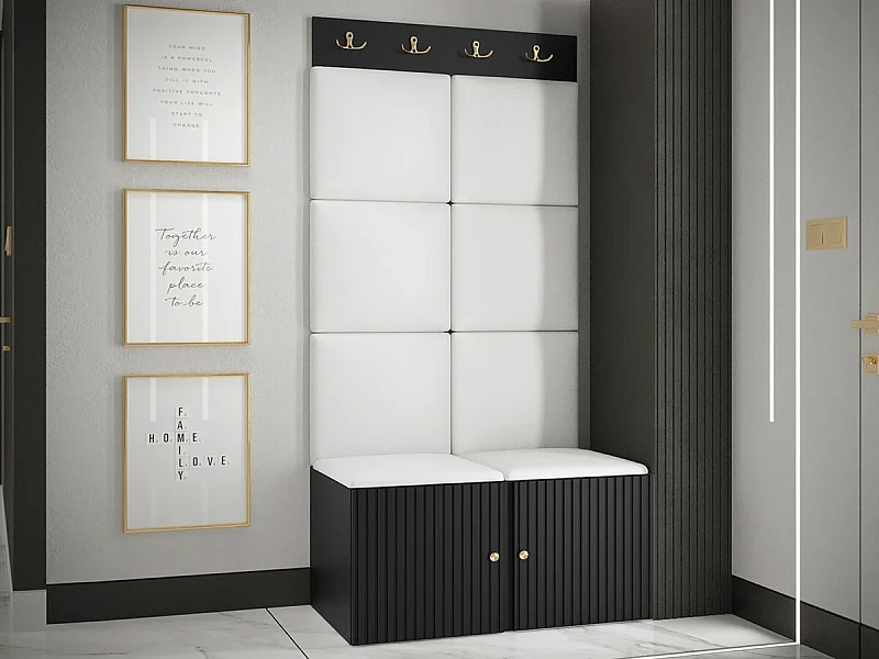 Meuble d'entrée Hartford 383, 186x84x46cm, Blanc|Noir, MDF|Stratifié|Faux cuir