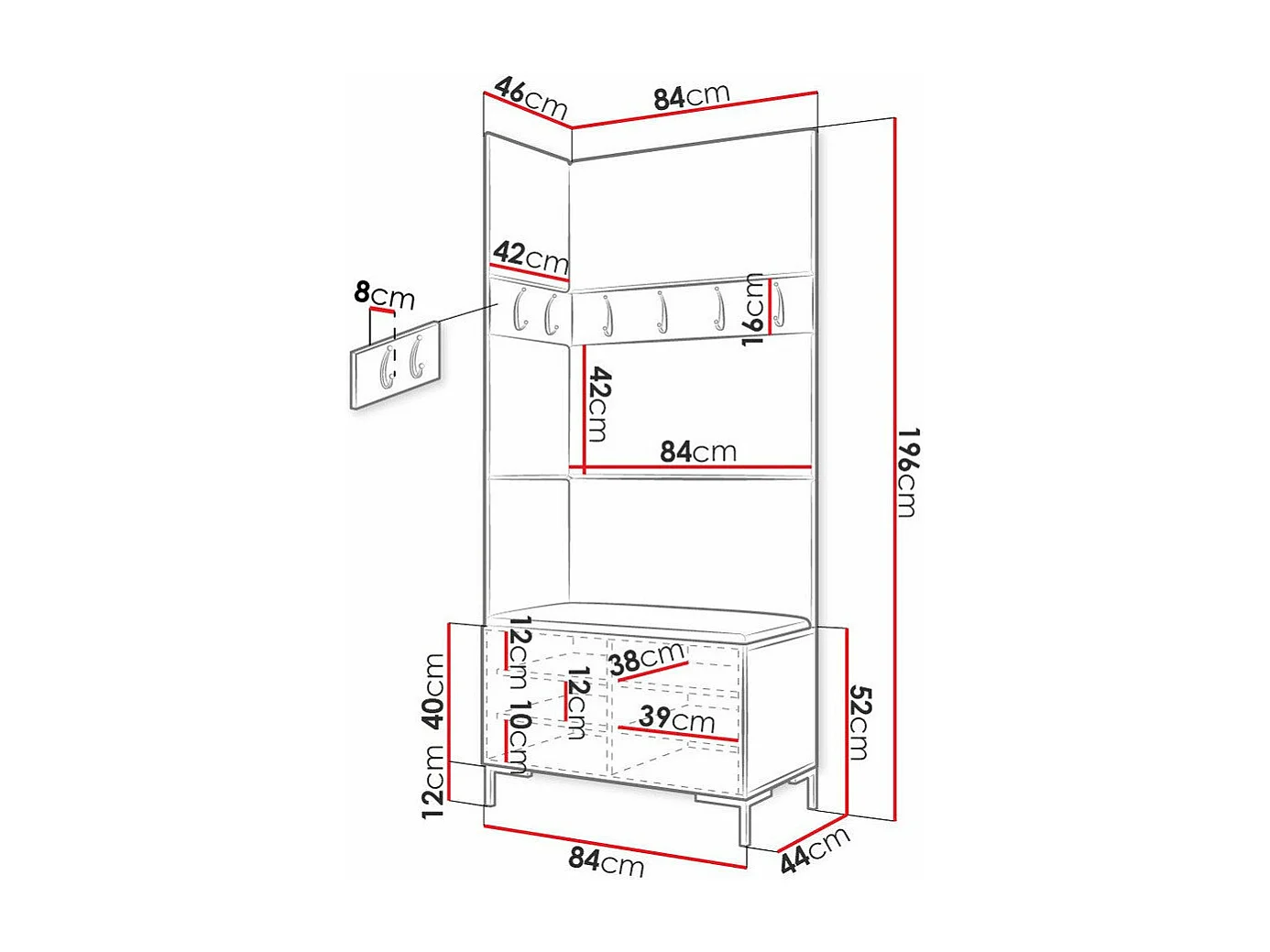 Conjunto pasillo Hartford F103, 196x84x46cm, Negro, Cuero ecológico|Aglomerado laminado