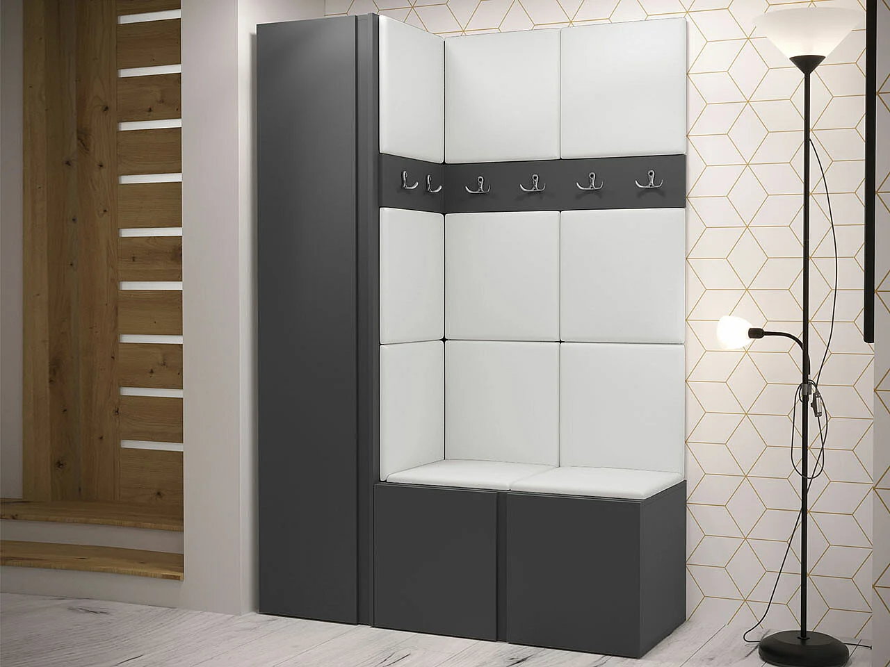 Conjunto pasillo Hartford 471, 186x124x44cm, Grafito, Aglomerado laminado|Cuero ecológico