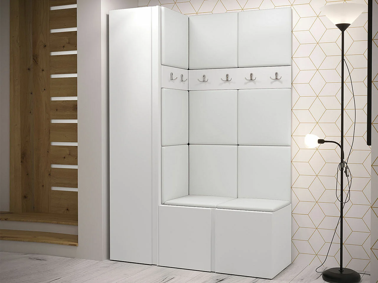 Conjunto pasillo Hartford 471, 186x124x44cm, Blanco, Aglomerado laminado|Cuero ecológico