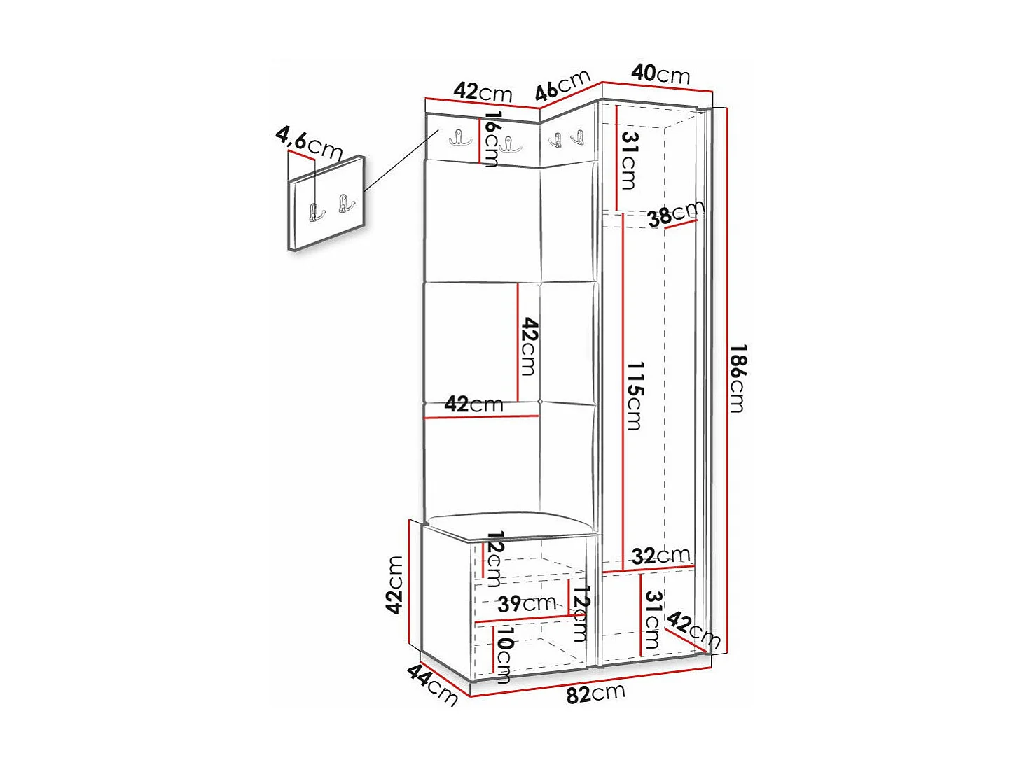 Meuble d'entrée Hartford 391, 186x82x46cm, Miroir, Noir|Gris, Stratifié|Tapisserie|MDF