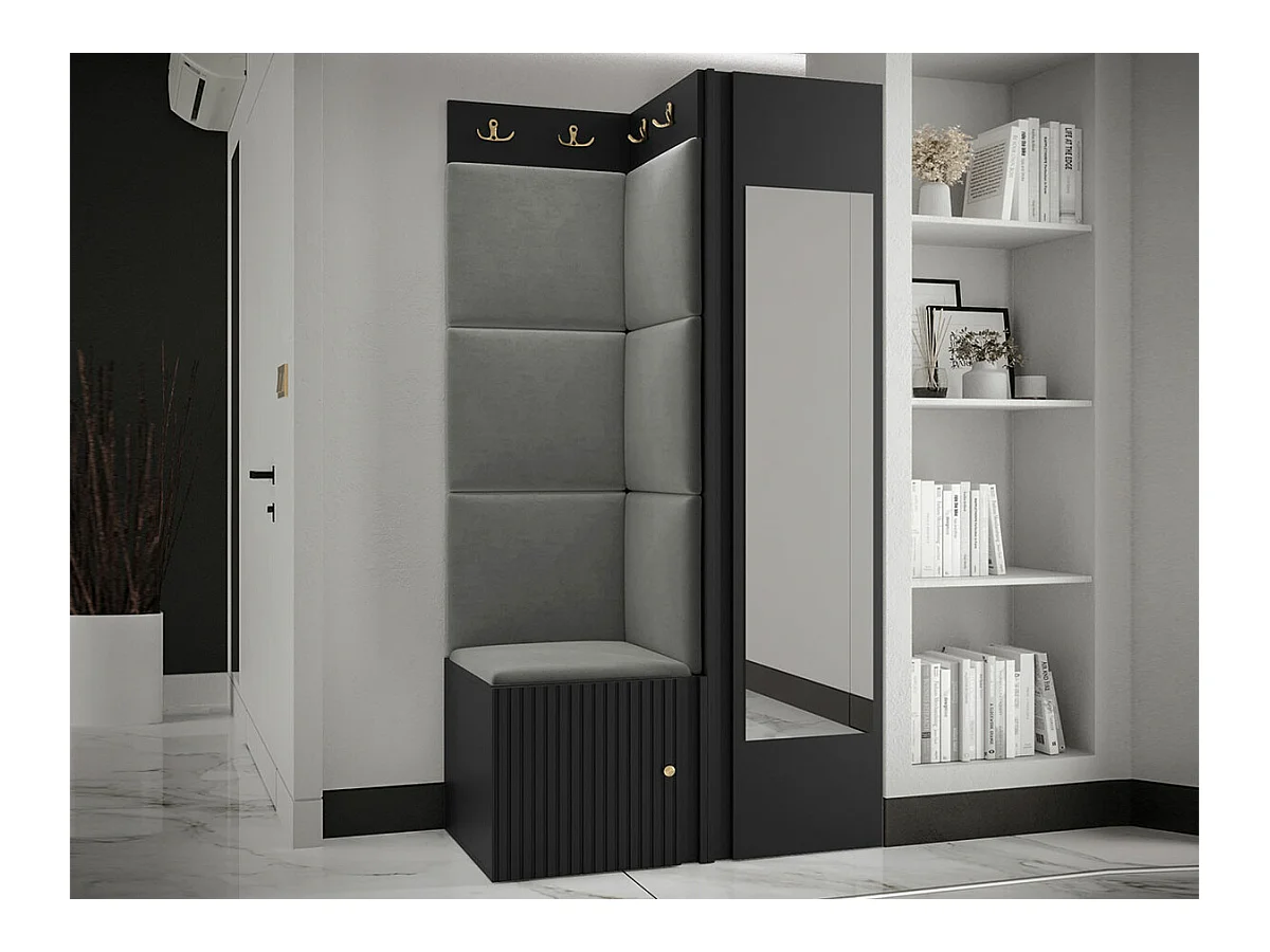 Meuble d'entrée Hartford 391, 186x82x46cm, Miroir, Noir|Gris, Tapisserie|MDF|Stratifié