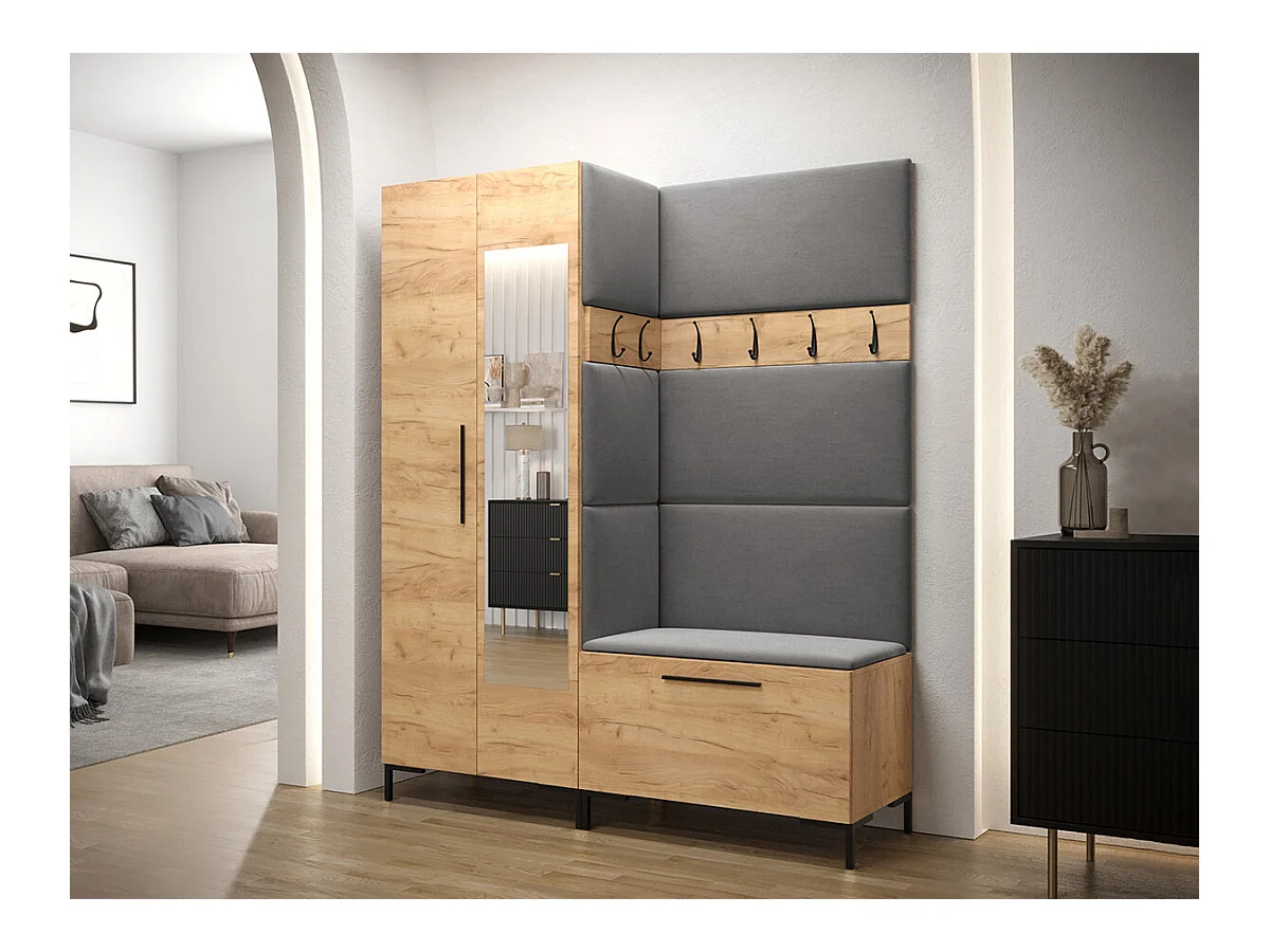 Conjunto pasillo Hartford F107, 196x158x46cm, Espejo, Craft roble