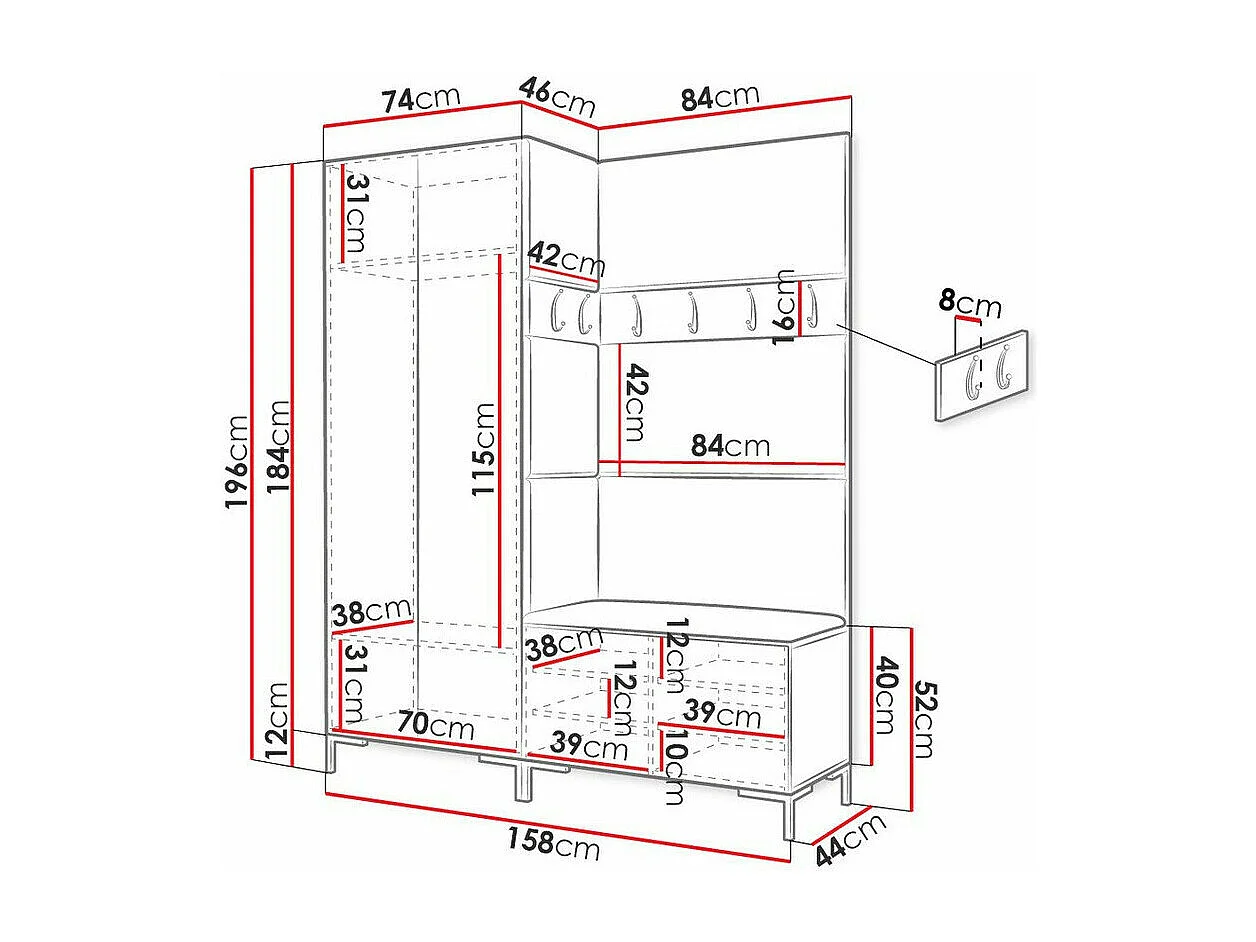 Meuble d'entrée Tivsoa 107, 196x158x46cm, Disponible, Craft chêne, Stratifié|Tissu