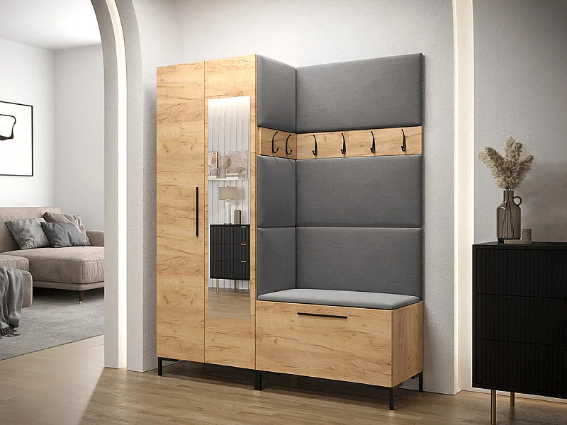 Meuble d'entrée Tivsoa 107, 196x158x46cm, Disponible, Craft chêne, Stratifié|Tissu