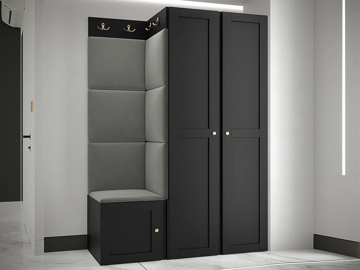 Meuble d'entrée Hartford 379, 186x116x46cm, Noir|Gris, Tapisserie|MDF|Stratifié