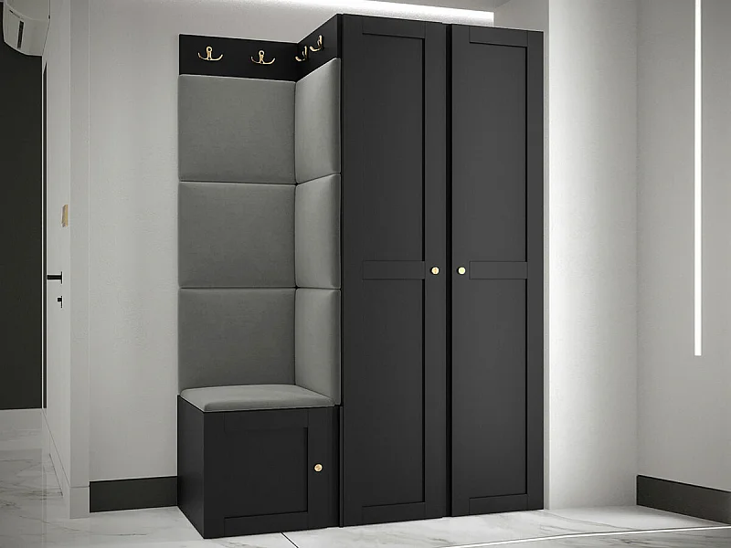 Meuble d'entrée Hartford 379, 186x116x46cm, Gris|Noir, Stratifié|Tissu|MDF
