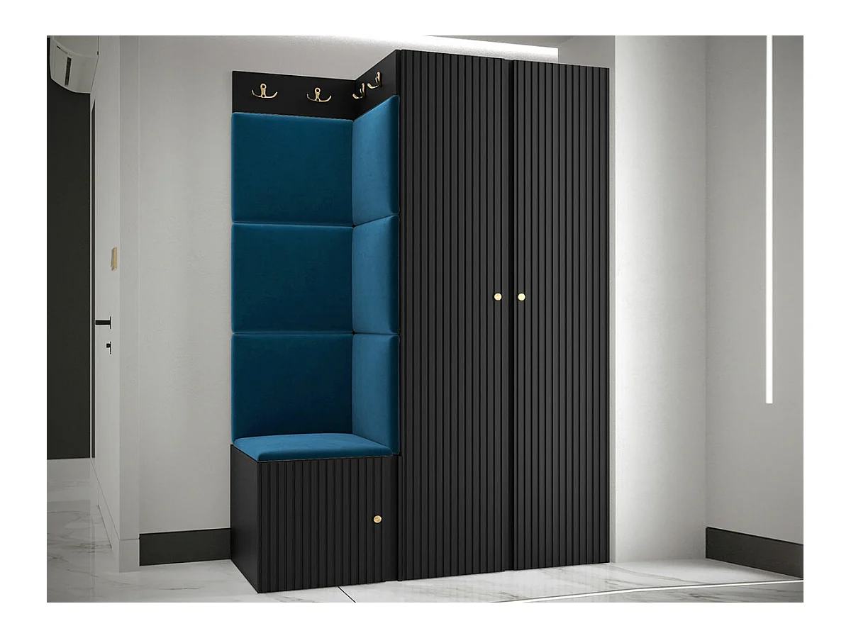 Meuble d'entrée Hartford 387, 186x116x46cm, Noir|Bleu, Tapisserie|MDF|Stratifié