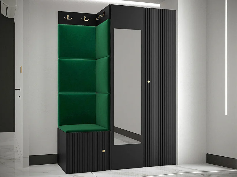 Meuble d'entrée Hartford 388, 186x116x46cm, Miroir, Noir|Vert, Stratifié|Tapisserie|MDF