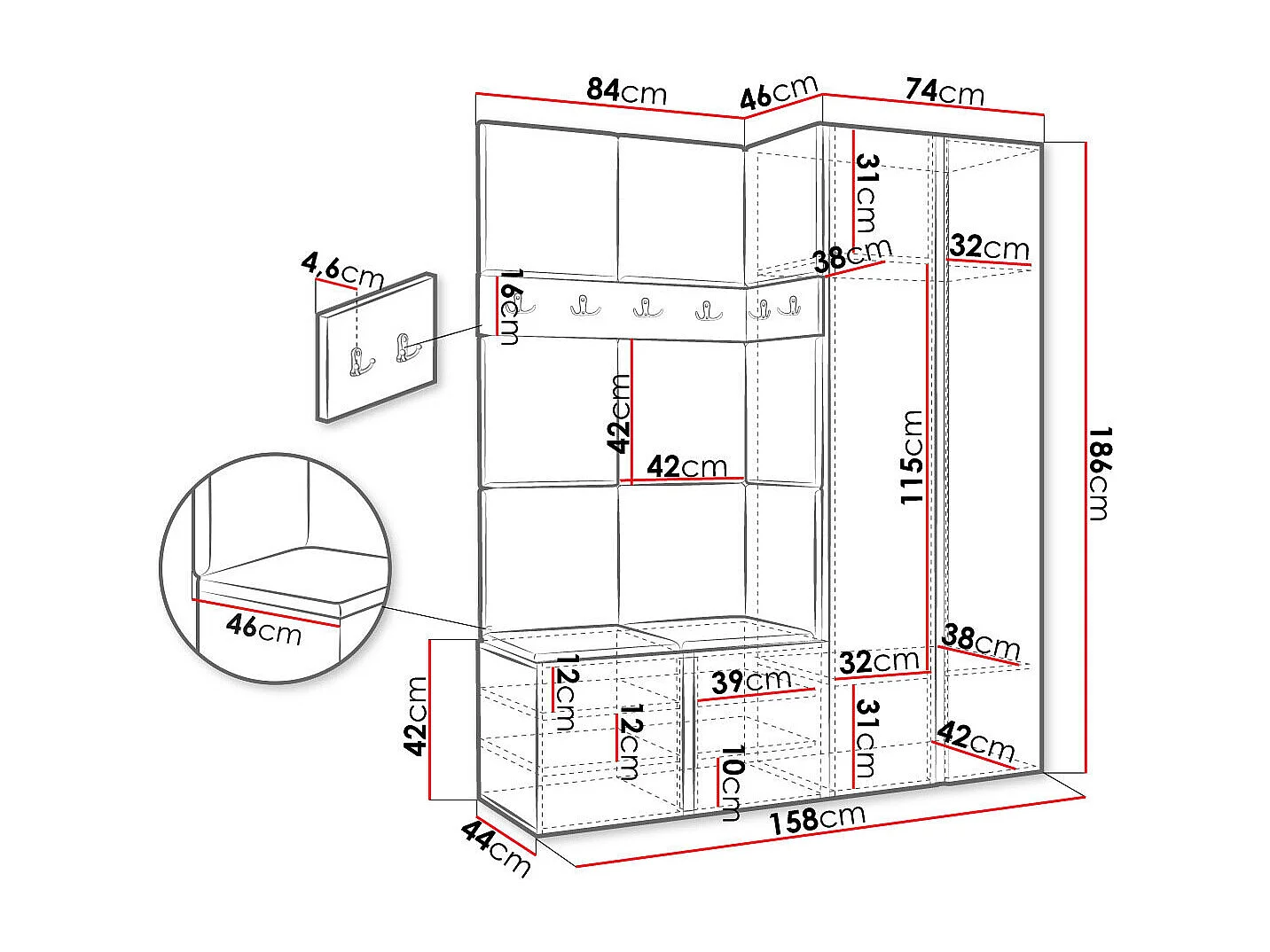Set mobili da ingresso Hartford 278, 186x158x46cm, Specchio, Grafite