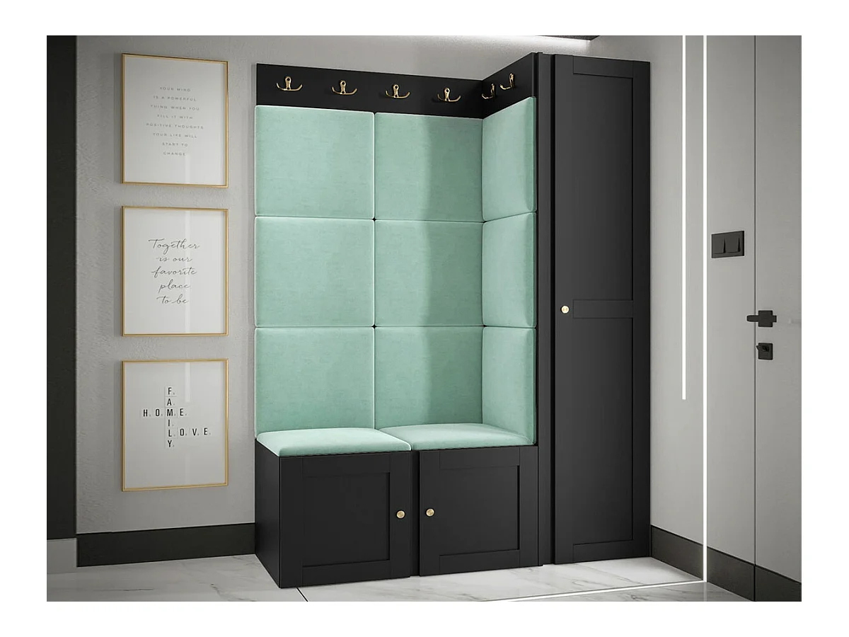 Meuble d'entrée Hartford 377, 186x124x46cm, Turquoise|Noir, Stratifié|Tapisserie|MDF