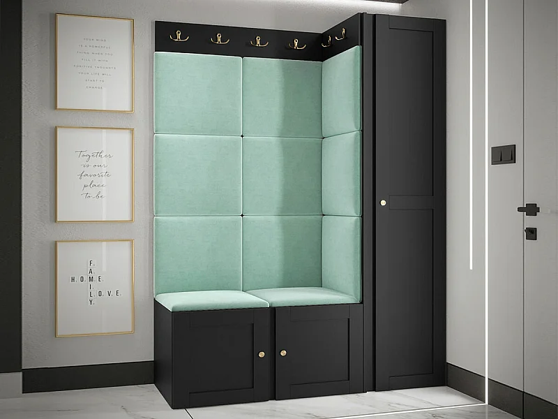 Meuble d'entrée Hartford 377, 186x124x46cm, Noir|Turquoise, MDF|Stratifié|Tissu